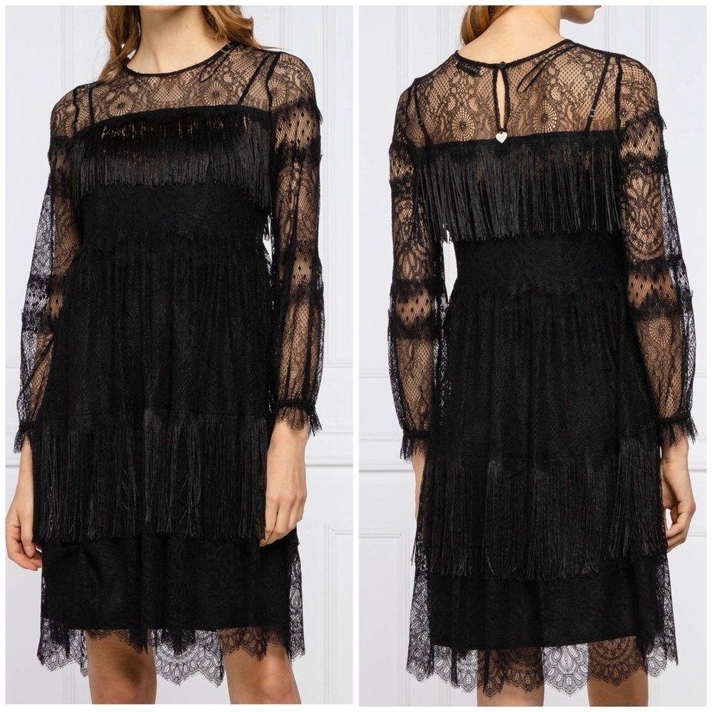 NWT Twinset Black Lace Fringe Long Sleeve Mini Dress with Slip Sz 44